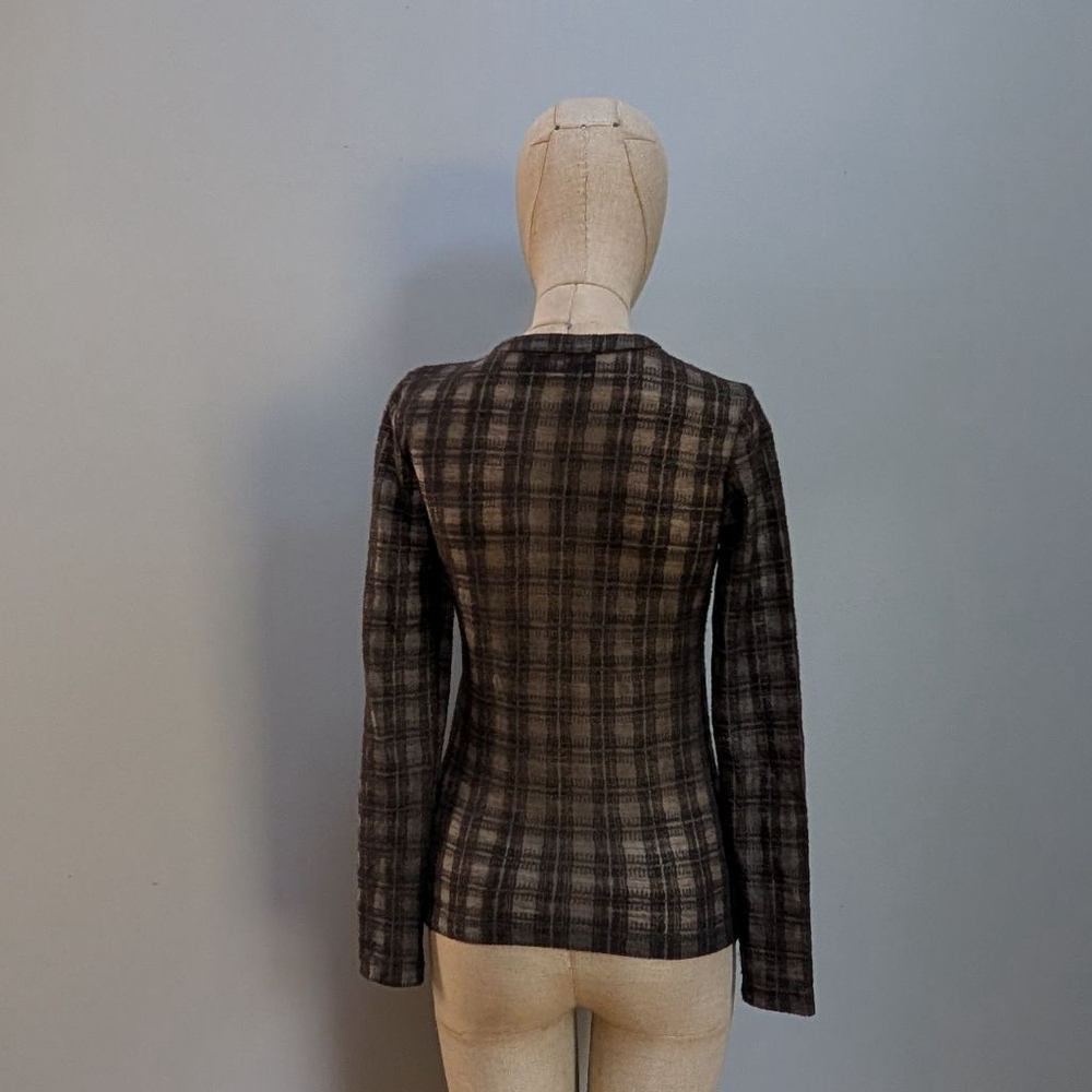Elleme Brown Plaid Long Sleeve Semi Sheer Wool Blend Sweater - Picture 3 of 10